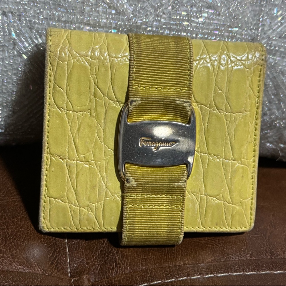 Salvatore Ferragamo Vintage yellow croc embossed leather bifold wallet